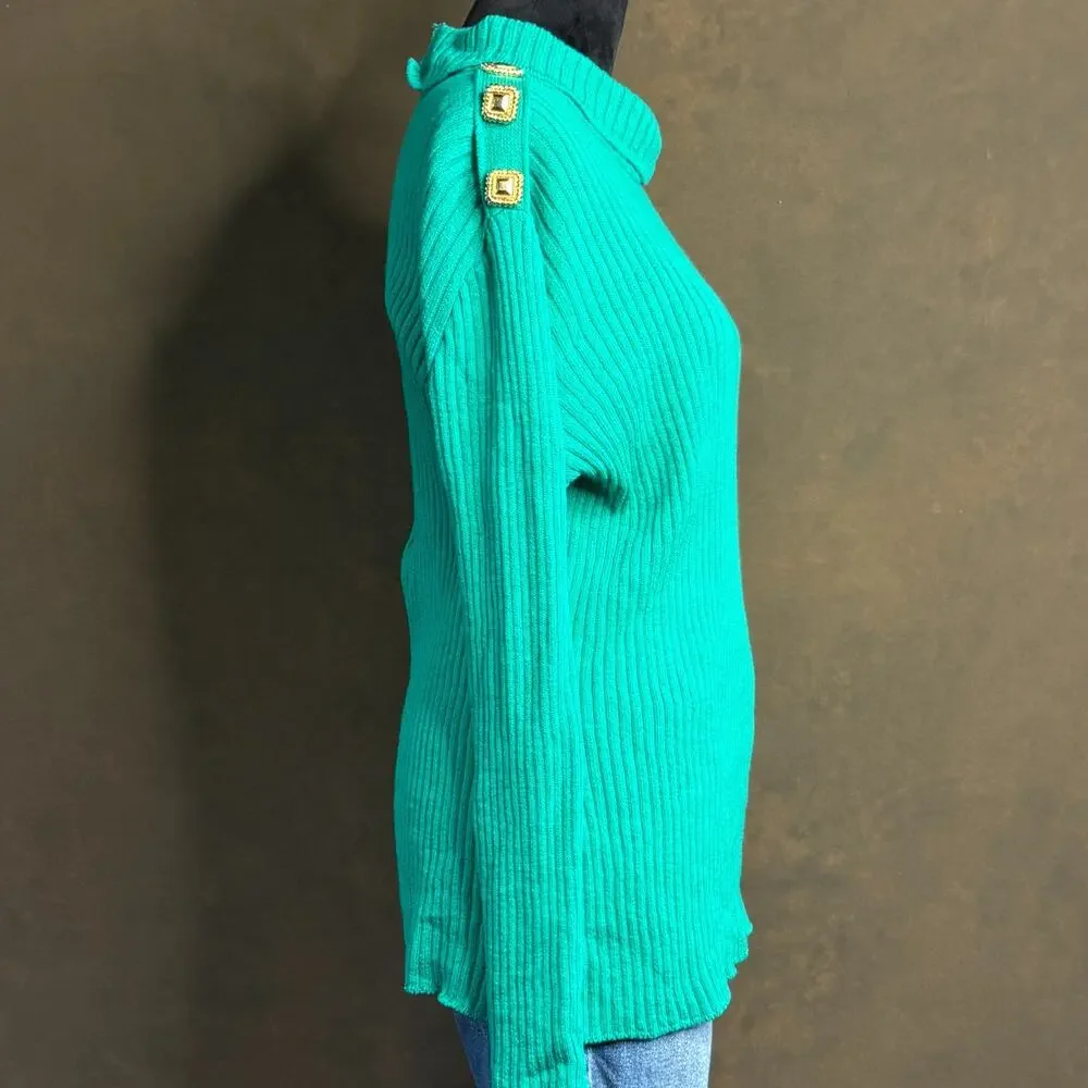 Vintage St. John Collection by Marie Gray Sweater Gold Button Teal Green Size M